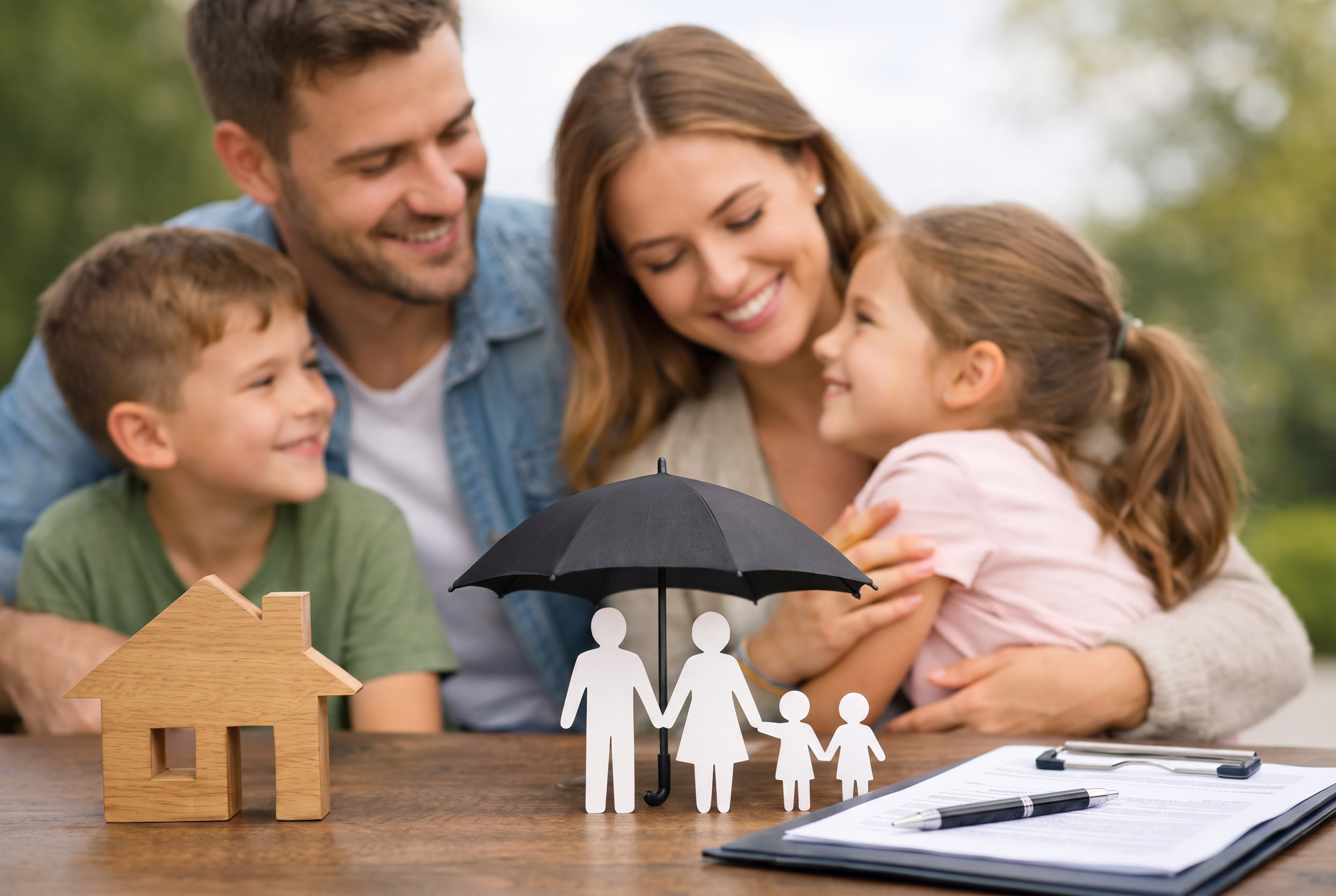 A family sitting together beside an umbrella figure representing insurance protection